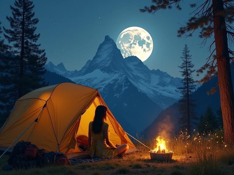 Robotic female in a tan tent gazes at a moonlit alpine view. A warm fire burns in a container. The tent opens to show a snow-capped mountain under a large moon. Grasses and trees surround the tent. Fireflies drift in the night sky.