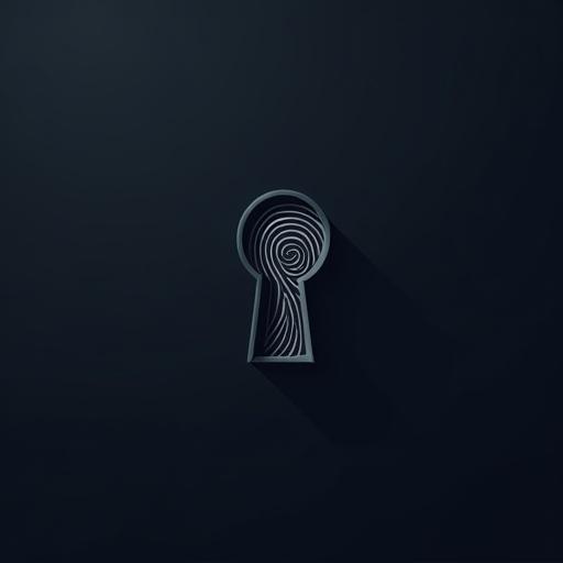 Minimalist sophisticated logo representing mystery PDF. Central element is a stylized keyhole with clean lines. Stylized fingerprint emerging or overlapping suggestive of investigative element. Dark tones of black charcoal gray deep navy blue for keyhole and background. Subtle gradient or solid background. Fingerprint in light gray or white for contrast. Vector-based clean style focusing on silhouette and symbolism. Evokes intrigue and the search for answers.