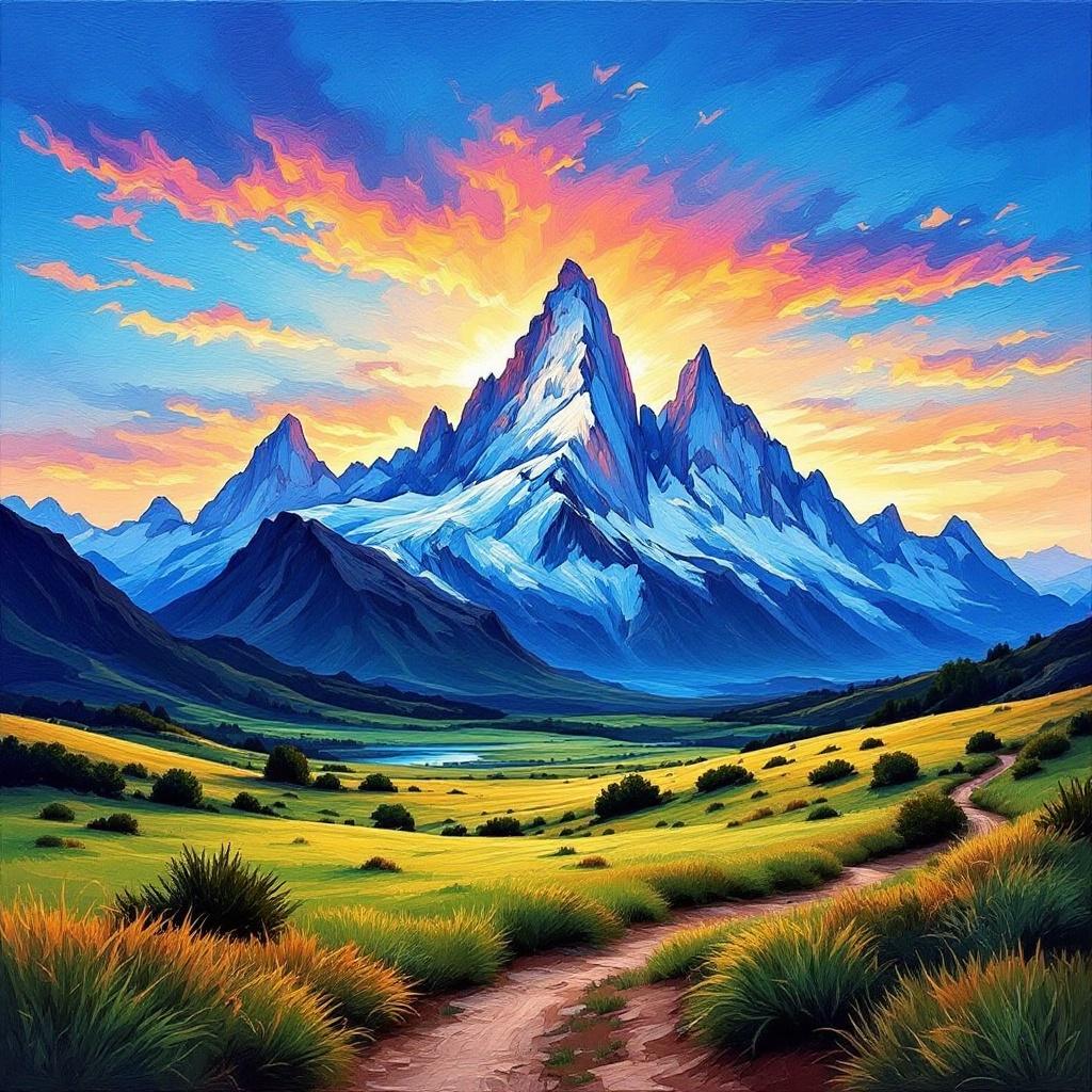 Imaginary landscape of Mount Fitz Roy in Patagonia. Artwork combines Ariel Lee painting style with brushstrokes. Features dramatic sunset with colors of blue, orange, pink, and purple. Mountains and green fields surround the area. Evokes tranquility of being alone in nature.