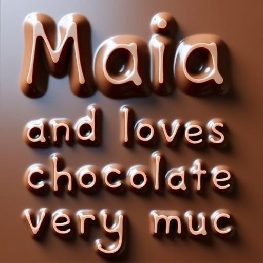 Text written in chocolate. The name Maia is prominent. Love for chocolate is expressed. The phrase is partially incomplete. Text has a glossy and inviting appearance.