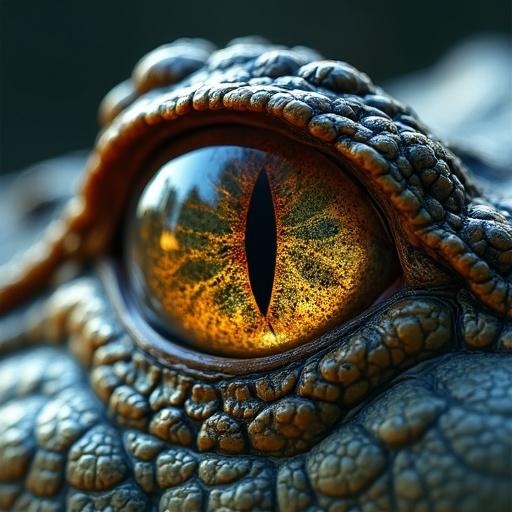 Square photorealistic image of a crocodile eye displayed in a close-up shot. The focus is on intricate details of surrounding scales. The eye reflects light, showcasing sharpness and intensity. Background is blurred to emphasize the main subject.