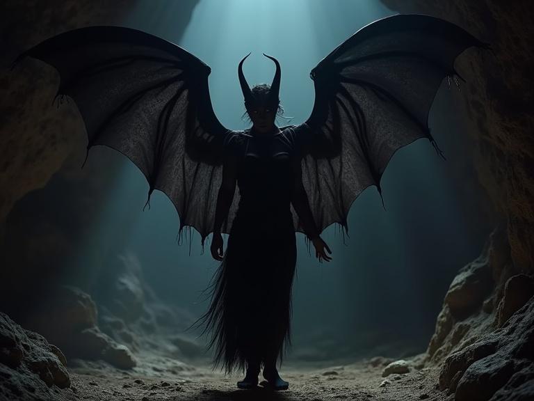 Mayan dancer displayed in a cave with black fabric wings and dark face paint. Dancer has a crouching posture and an intense presence. Setting features moonlight or starlight in a cave. Represents bat.