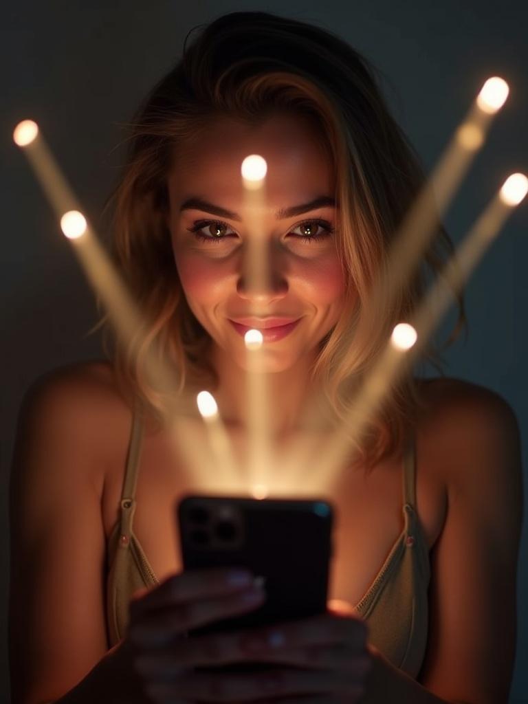 Beautiful woman holding smartphone. Light beams shoot out from the screen. Ideal for social media and lifestyle themes. Captivating modern portrait for digital marketing.