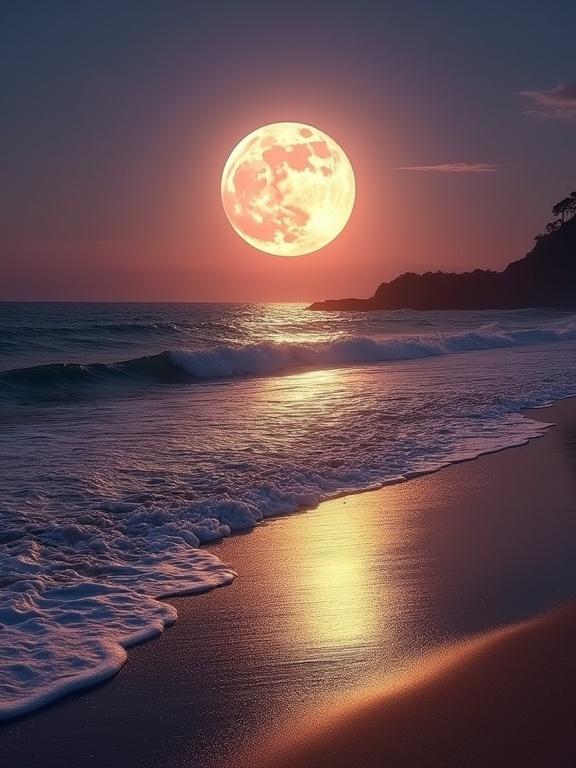 Stunning coastal night scene with a full moon rising over the ocean. Moon casts luminous golden light on waves and shore. Gentle waves lap against the beach. Soft pink and purple gradient sky. Tranquil and romantic atmosphere. Perfect for reflection and inspiration.