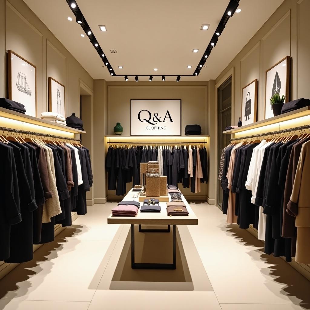 The image captures a stylish fashion store showcasing elegant clothing under the brand logo 'Q & A Clothing '. The store features a clean and modern design with neutral colors. Clothes are neatly arranged on hangers, creating an organized display. The warm lighting enhances the shopping experience, highlighting the quality of the garments. Artworks adorn the walls, adding a touch of sophistication to the environment. A central table displays accessories, inviting customers to explore. The overall atmosphere is chic and inviting, ideal for fashion enthusiasts.