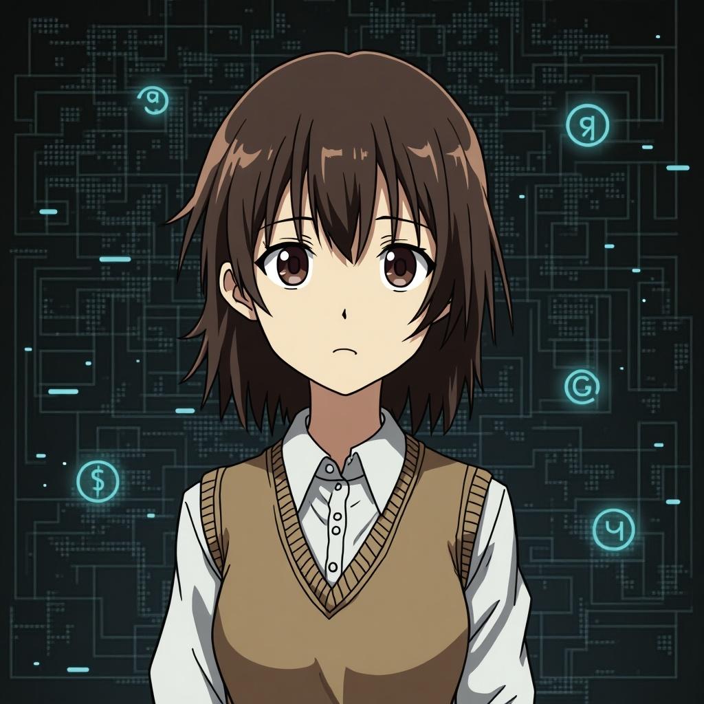 Anime character in front of a digital backdrop. Character has short brown hair and is wearing a vest over a shirt. Background includes tech-inspired elements.