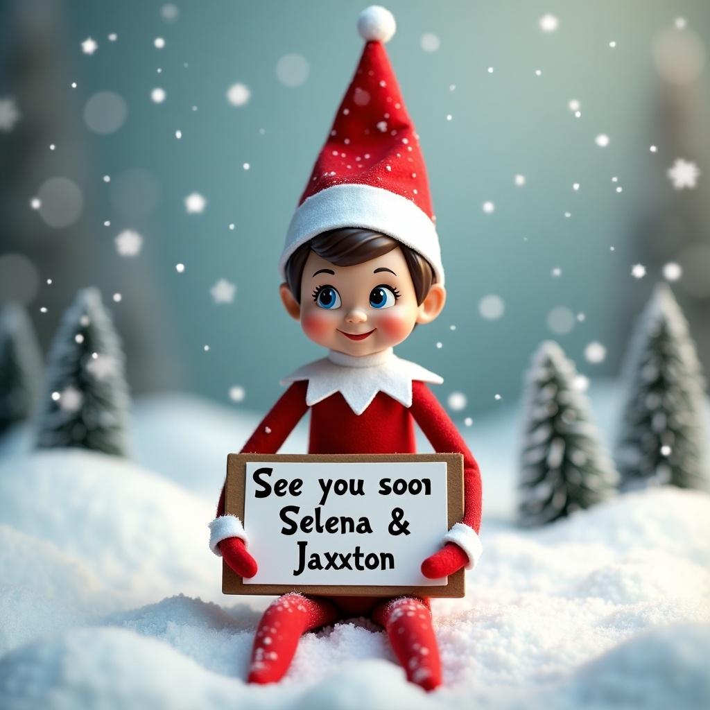 A cheerful elf on the shelf character is sitting alone in a snowy landscape. The elf is wearing a bright red outfit with a pointed hat and is smiling at the viewer. In its hands, it holds a sign that reads, 'See you soon Selena & Jaxton' in playful lettering. The background consists of softly falling snowflakes and a few sparse trees, enhancing the wintery feel. The lighting is soft and inviting, making it perfect for sharing holiday cheer.