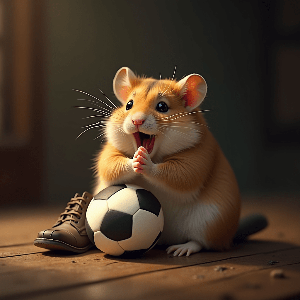 A charming hamster excitedly holding a small soccer ball with a shoe beside it.