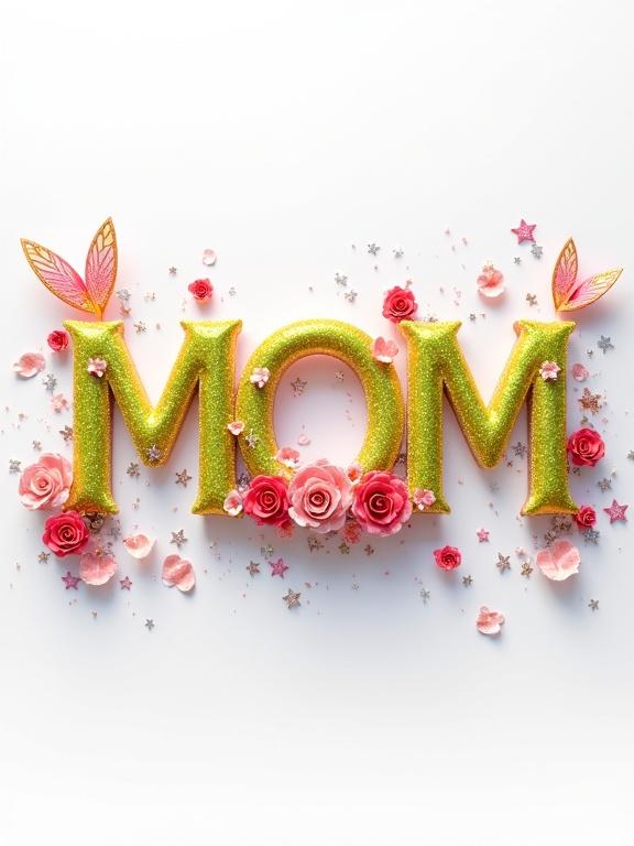 3D render of the name MOM. Letters in flowing calligraphic style. Shimmering gradient colors. Vibrant yellow lush green playful pink silver glitter. Floral patterns heart motifs embedded in design. Iridescent fairy wings around name. Scattering of miniature red roses. Radiant pink silver stars surrounding. Whimsical arrangement clean white background. Soft diffused studio lighting enhancing details.