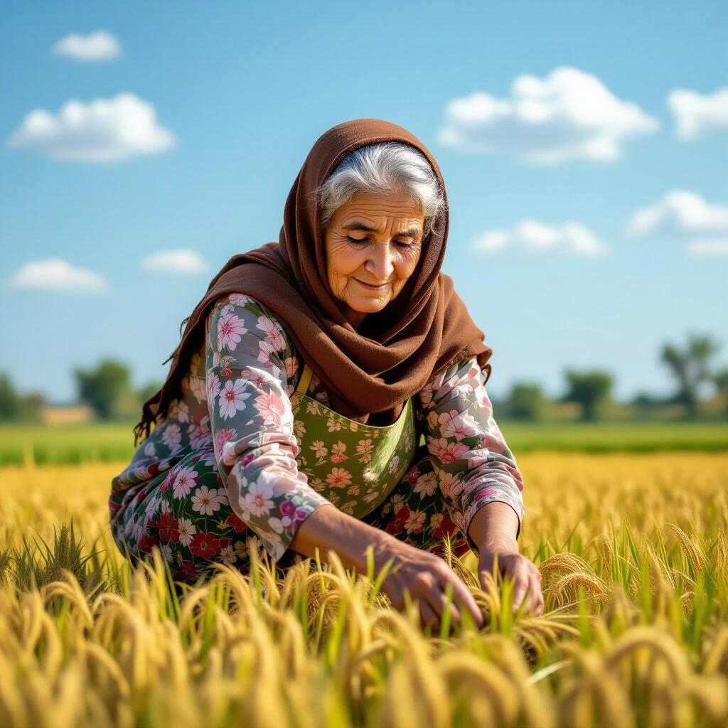 Elderly Iranian woman wearing a brown scarf plants rice in a lush paddy field under a sunny sky. Floral-patterned chador wrapped around waist. Realistic photography medium shot high resolution.