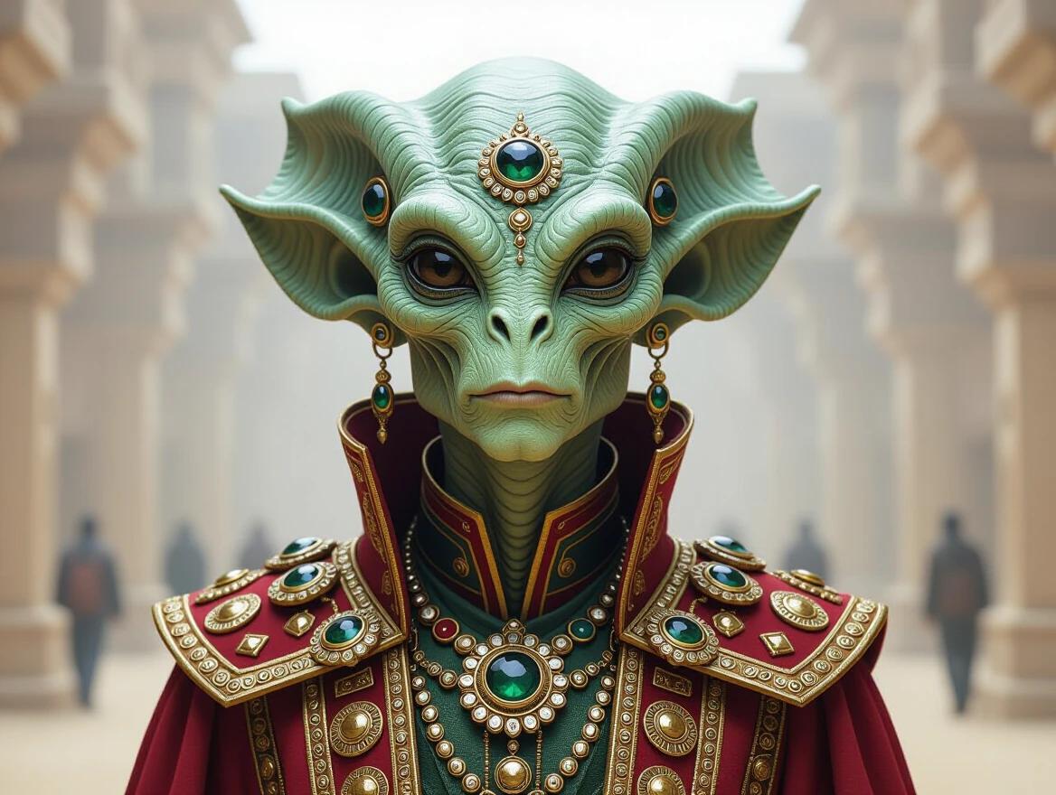 An alien diplomat with multiple eyes. The alien wears elaborate ceremonial robes. The setting has a mystical ambiance. The attire is rich in symbolism and ornate details. Background features tall ancient structures. Humans walk in the distance.