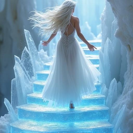 Blonde girl walking down a staircase made of crystalline ice. She creates the steps with magic. Long platinum-white hair flowing in the wind. Wearing a sparkly white ball gown. Dress billows as she descends. Dynamic pose with outstretched hand. Launching blue ice magic. Staircase is translucent and sharp like ice. Background is neutral and softly lit.
