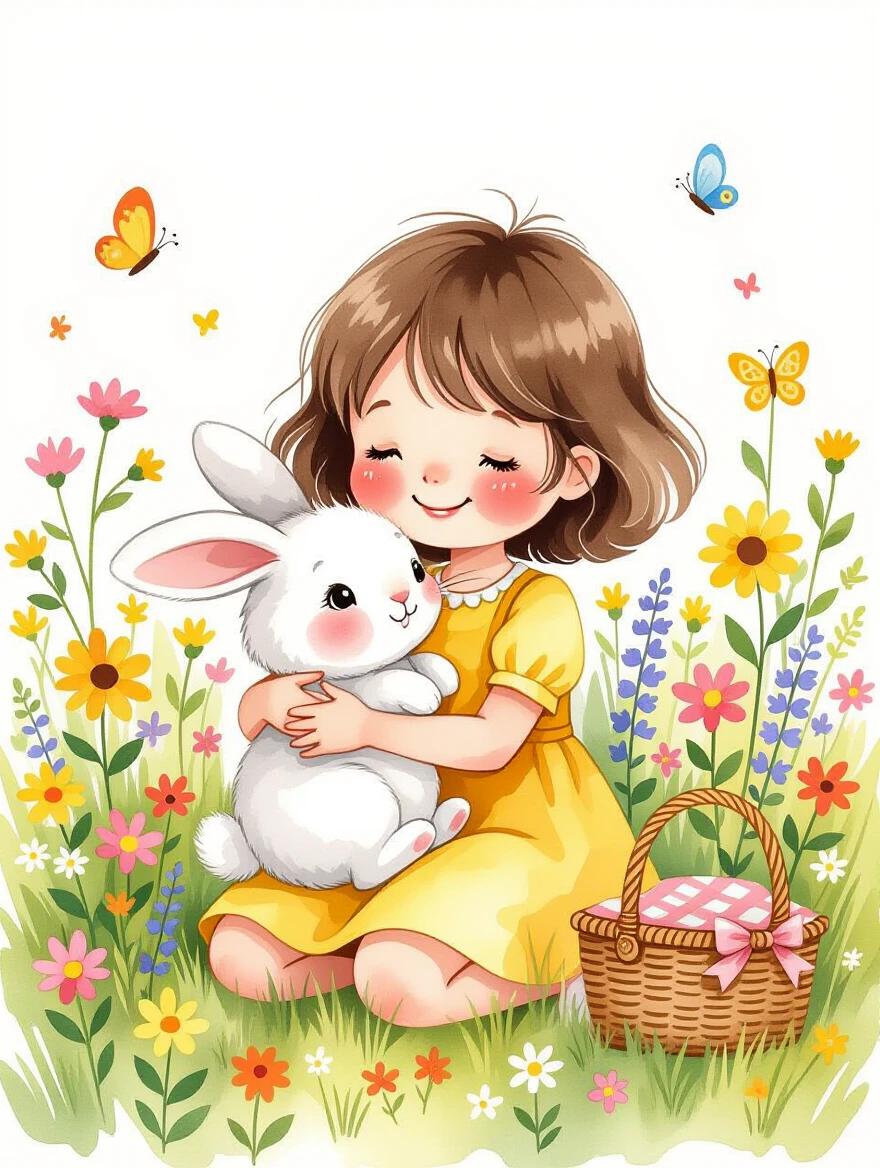 A whimsical watercolor painting depicts a little girl in a yellow dress playing with a fluffy white bunny. They are surrounded by a flower-filled field with wildflowers, butterflies, and a toy picnic basket.