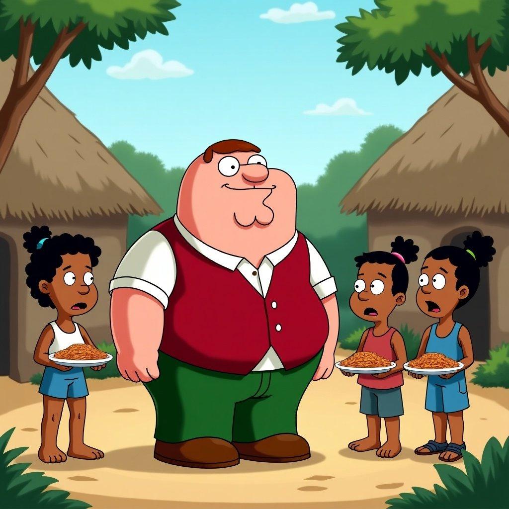 Peter Griffin stands in an African village. He wears a red vest. Three children hold plates of food. They look surprised and curious. Traditional huts and greenery surround them.