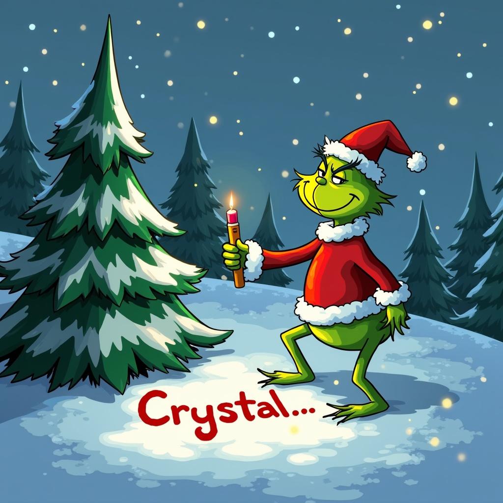 The Grinch stands outside in the snow with Christmas trees. The Grinch is writing the word 'Crystal' in the snow with a candle in his hand.