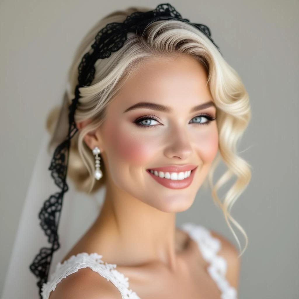 A woman with vintage waves in platinum blonde hair. A delicate black lace veil partially obscures her face. Soft makeup shows rosy cheeks and a glossy nude lip. A warm smile with perfectly aligned teeth. The background suggests a muted pastel hue. The lighting plays with shadows to create a captivating appeal.