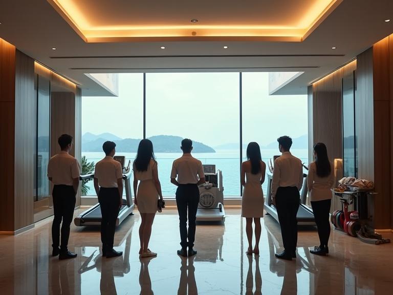 Ultra realistic image of luxury hotel gym with Asian staff giving tour to Asian guests of various ages. The scene captures the elegance of the facility and the beautiful view outside.