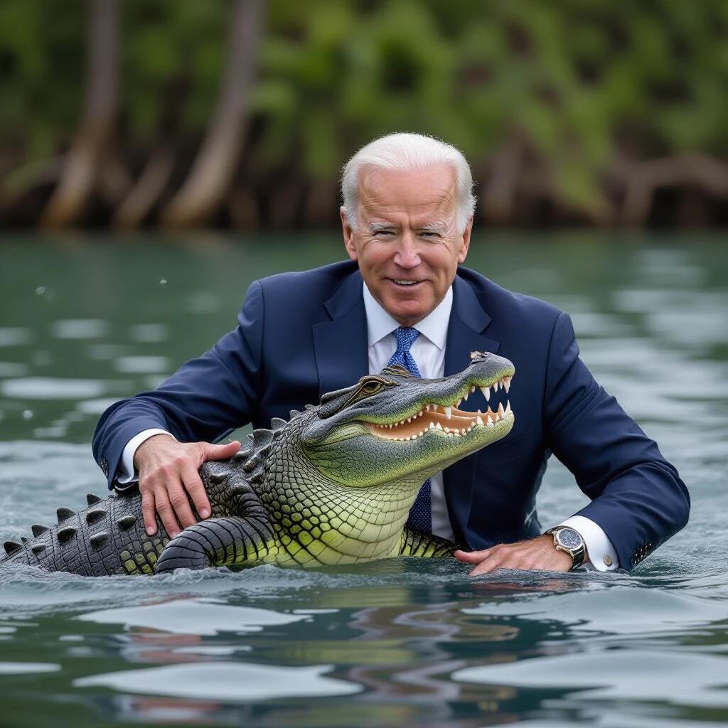 Joe Biden engaged in wrestling with an alligator in a body of water. The scene depicts a struggle in an aquatic setting. Biden is wearing a suit and appears to be in control amidst the action. The alligator has vibrant colors indicating it is alive and animated. Focus on the interaction between the man and the reptile.