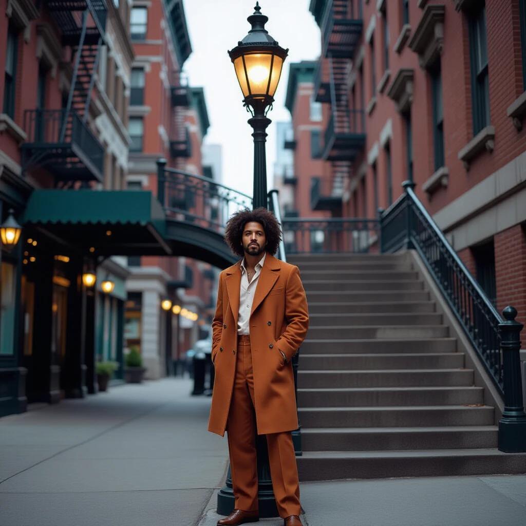 Man in retro 70s style outfit stands by a vintage lamppost near classic subway stairwell. Scene is symmetrical with dreamy atmosphere. Rich colors and subtle film scratches create nostalgic feel.