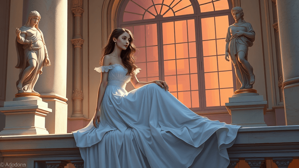 A woman in a flowing white dress sits beside classical statues under the warm glow of a sunset.