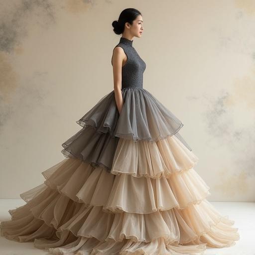 Photograph of a woman with a slender physique standing against a minimalist beige background. She has fair skin and black hair styled in an updo with loose strands. Expression is neutral while looking slightly to her left. Wearing a floor-length gown with a high dark gray bodice and a layered beige skirt with ruffles. The background is neutral with abstract patterns. Soft natural lighting highlighting textures.