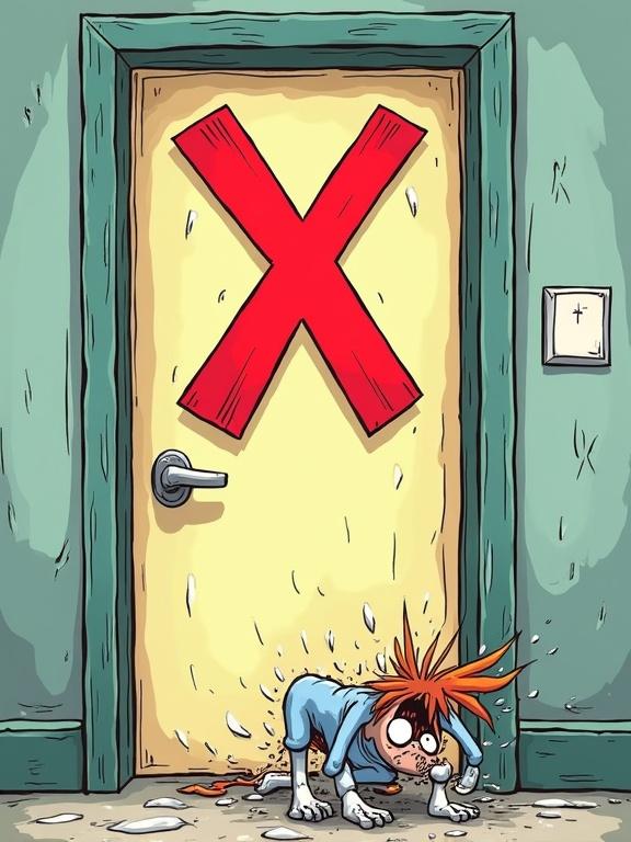Illustration of a bathroom door with a large red X. A character appears to be retreating in fear. Cartoon-style stink lines are present. The style is humorous with bold colors.