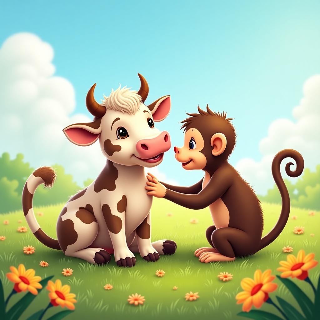 Cow and monkey show affection. They are in a vibrant and playful setting filled with flowers and bright sky.