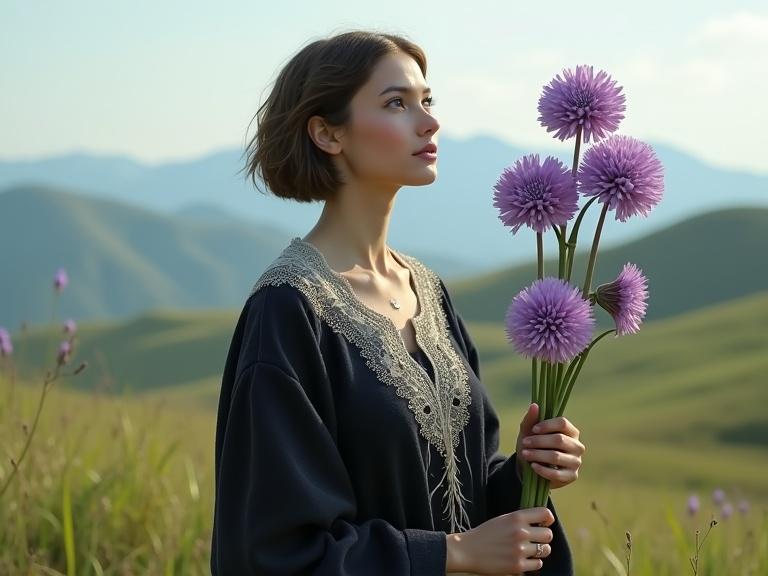 Portrait of a woman in a dark robe with a lace collar. She has short brown hair and holds purple allium flowers. Roots extend from her dress into the ground. Lush green grass and rolling hills in the background.