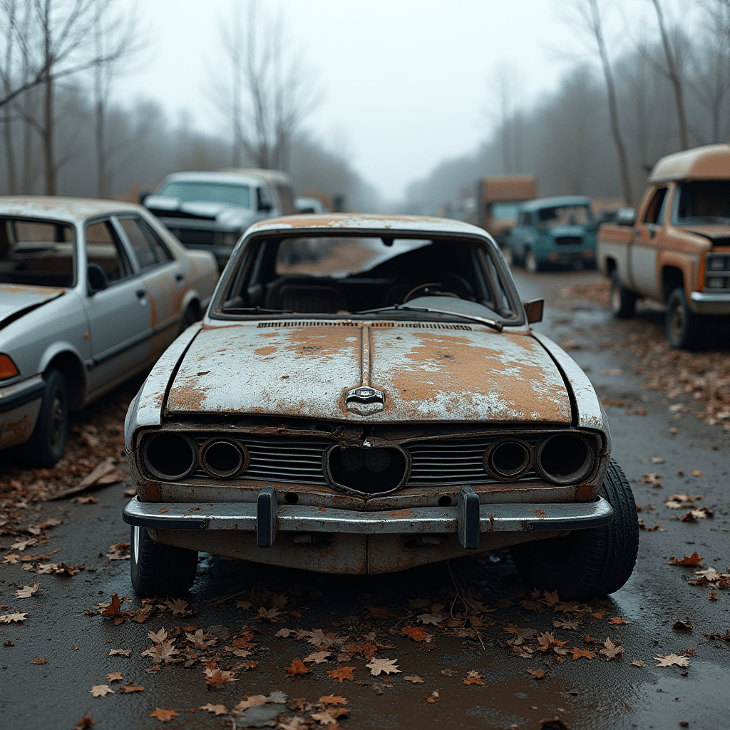 An old, rusty car sits abandoned on a leaf-covered road amidst other vehicles on a foggy day.