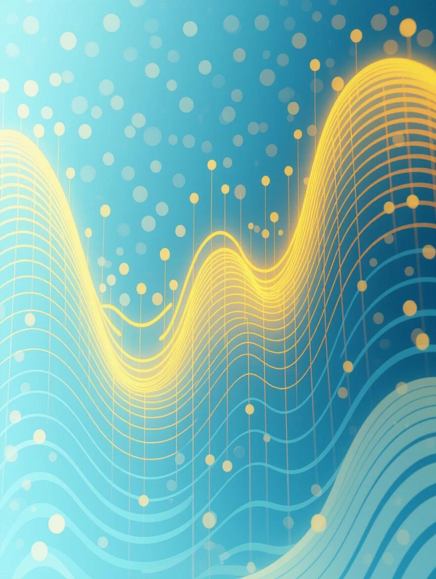 Digital signal displayed through smooth wave patterns. Mild blue background with yellow lines creating an abstract visual effect. Soft golden dots enhance the design with a modern touch. The overall look is calming and tech-inspired.