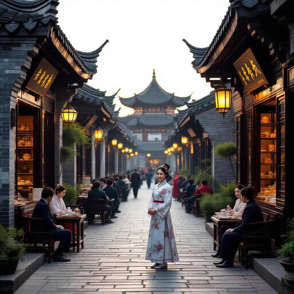Image taken at sunrise featuring ancient Chinese architecture. Traditional buildings with dark roofs line the street. People in old Chinese dress are present. A beautiful woman in traditional attire smiles at the camera in her tea shop along the bustling street.