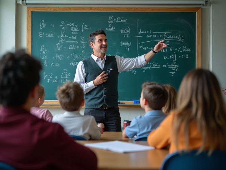 Teacher explains algorithms to children in school. Classroom with blackboard covered in equations. Teacher engages with students.