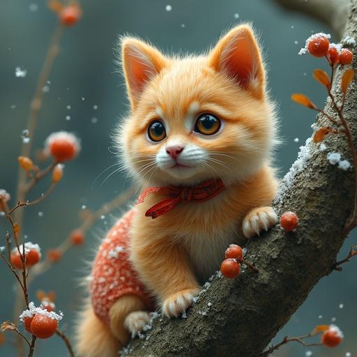 A cute anthropomorphic cat sitting on a tree branch. The cat has bright orange fur and big expressive eyes. It wears a cozy red sweater. The background is blurred with hints of nature like trees and some autumn leaves. The atmosphere is warm and inviting.
