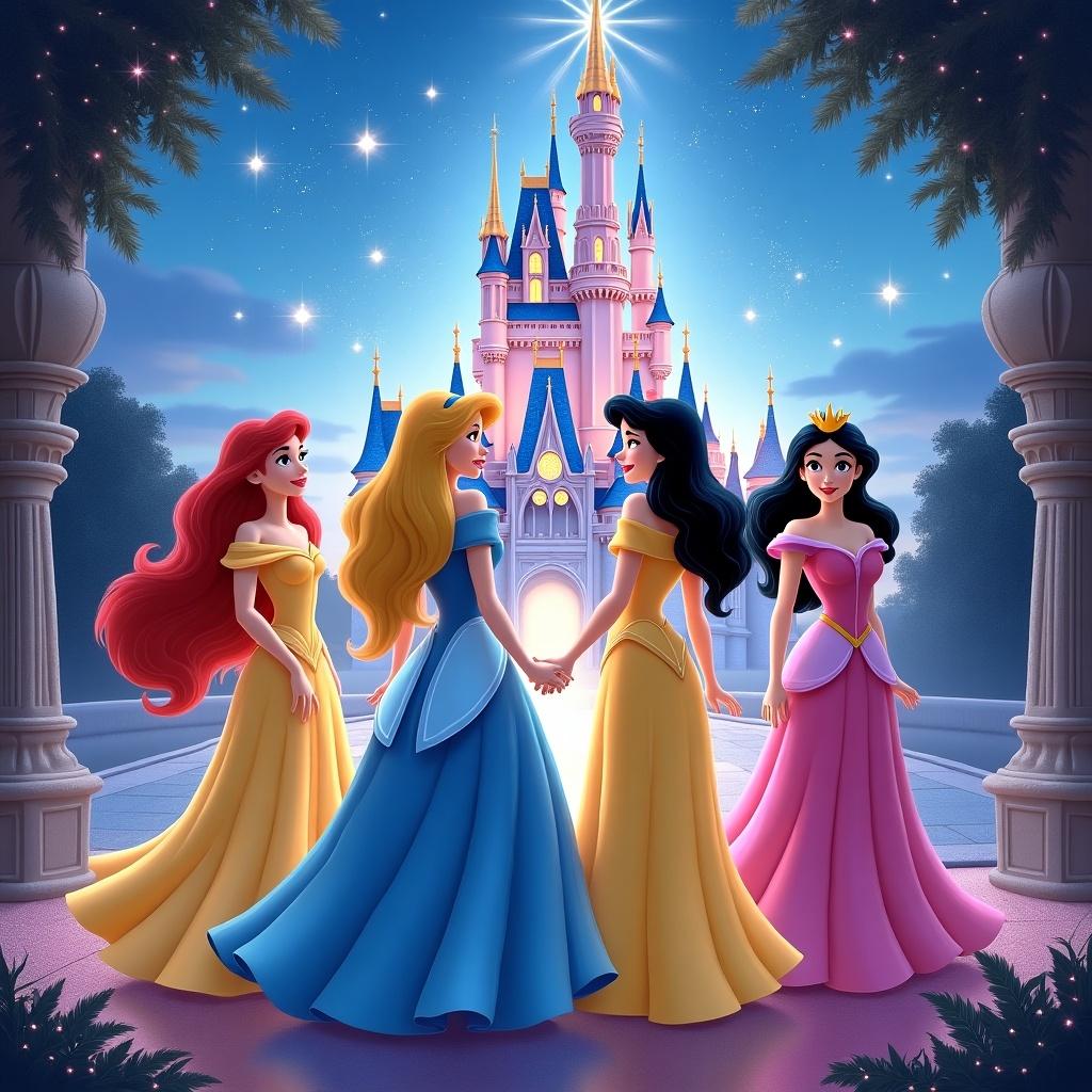 Scene featuring Disney Princesses in a magical environment. Background highlights Disney Castle adorned with glitter and sparkles. Decorative text reads Emery Roy.