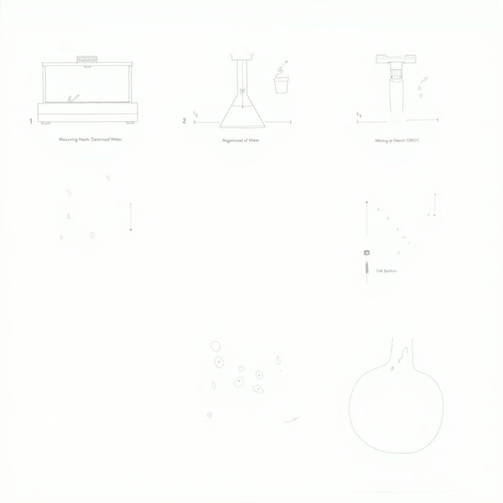 Illustration showing preparation of polyvinyl alcohol solution. Includes measuring ingredients PVA powder and deionized water. Mixing in a beaker on a stirrer. Heating on a hot plate with thermometer. Stirring for 30-60 minutes. Cooling to room temperature. Displaying final PVA solution ready for electrospinning. Labels for each step with technical terms.