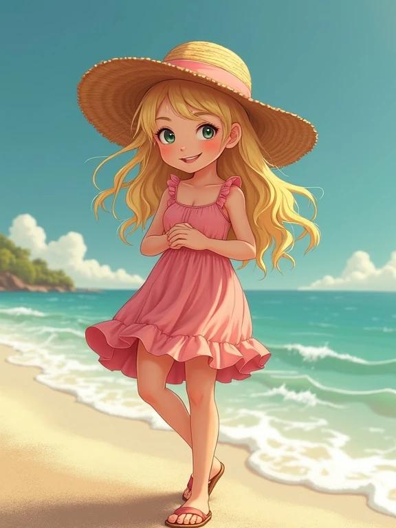 A young girl walks on the beach wearing a pink sundress and sandals. The girl has long blonde hair and is smiling. The scene is sunny with a clear blue ocean in the background.