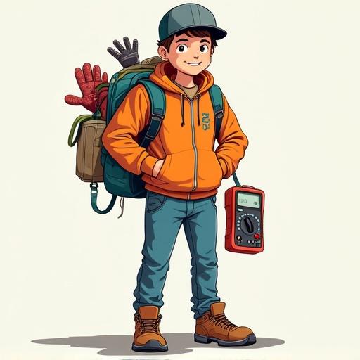 Cartoon style image of a student boy carrying tools such as multimeter gloves and security shoes. He appears confident and ready for practical tasks. He wears a green cap orange hoodie and blue jeans. A backpack filled with various items is on his back.