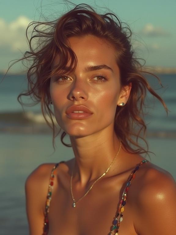 A woman with tousled hair sits on a beach. She wears a colorful beaded swimsuit. The sunlight casts a warm glow over her skin. The ocean waves gently crash in the background. The soft focus highlights the relaxed atmosphere.