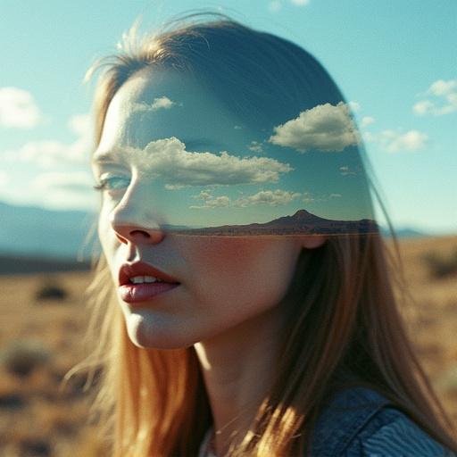 A portrait of a woman combined with a landscape. Digital artifacts and color distortions create a glitch art effect simulating a fragmented error.
