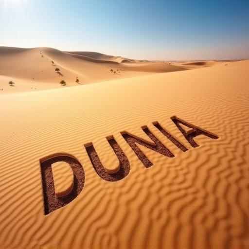 Large word DUNIA traced on golden sand in a desert. Letters appear sculpted and raised. Surrounding sand has gentle ripples. Clear blue sky above with warm sunlight.