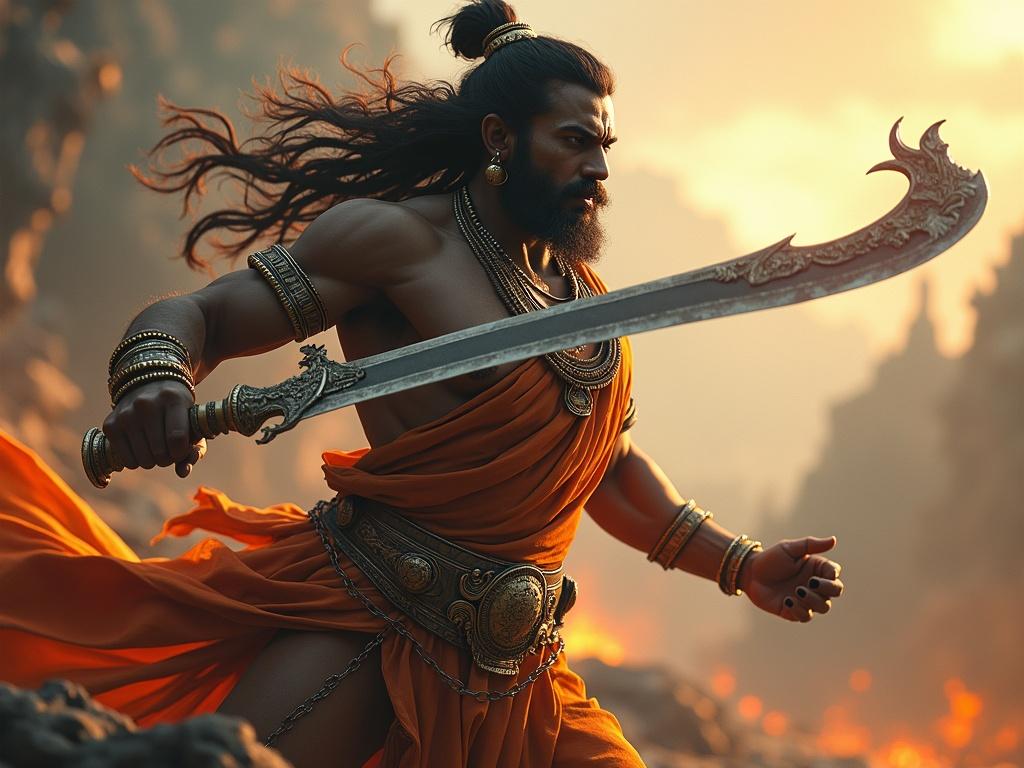 Character of Kartikeya in a battle stance wielding a sword amidst a dramatic landscape. Highly detailed depiction showcasing traditional attire and powerful posing against a fiery backdrop.