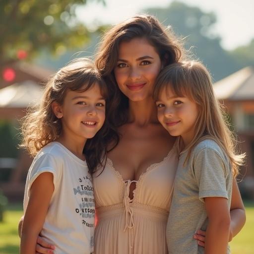 Image features a mother standing with her two daughters at a birthday party. The mother has a warm smile and is styled with relaxed hair. The daughters are playful and engaged, dressed in casual clothing. The setting is outdoor with greenery and festive decorations visible, depicting a joyful atmosphere.