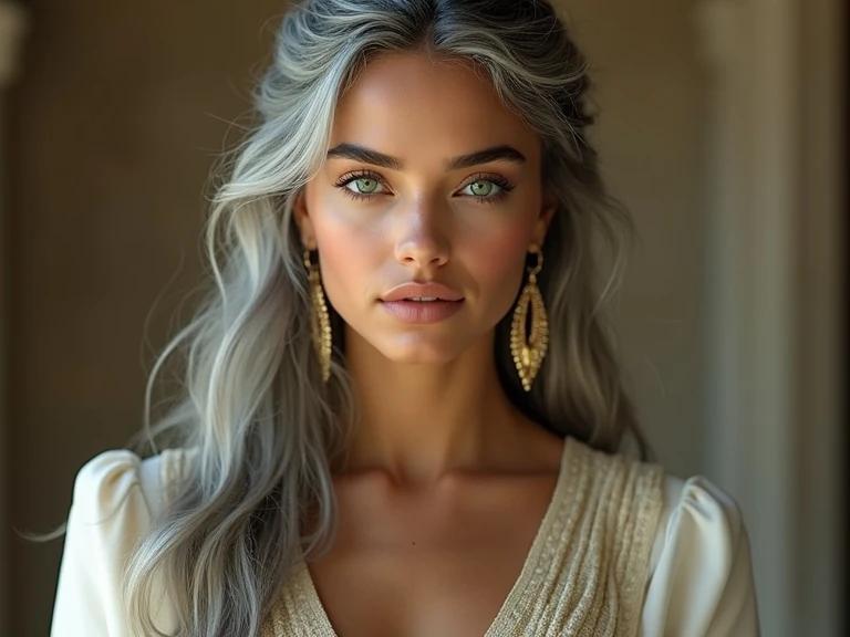 A stunning Spanish-Arabian woman named Veronica stands in a standard pose. She has a graceful posture with a tall height and an hourglass figure. Emerald green eyes narrow at the corners exude mystery. Full lips part slightly, conveying allure. Long salt-and-pepper gray hair cascades smoothly down her waist. Bright fair skin appears luminous. A majestic aura surrounds her. She wears a flowing modern outfit with Spanish-Arabic cultural elements, light fabrics with intricate embroidery, in soft earth tones with golden accents. The background is neutral to keep focus on Veronica.