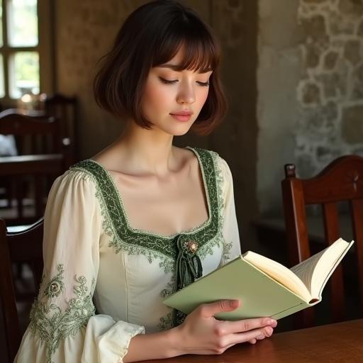 Young woman dressed in elegant medieval-inspired attire sits in a rustic café. Flowy ivory dress with pale green accents and delicate embroidery. She reads a book with a serene expression. Warm sunlight streams through stone walls creating a cozy atmosphere.