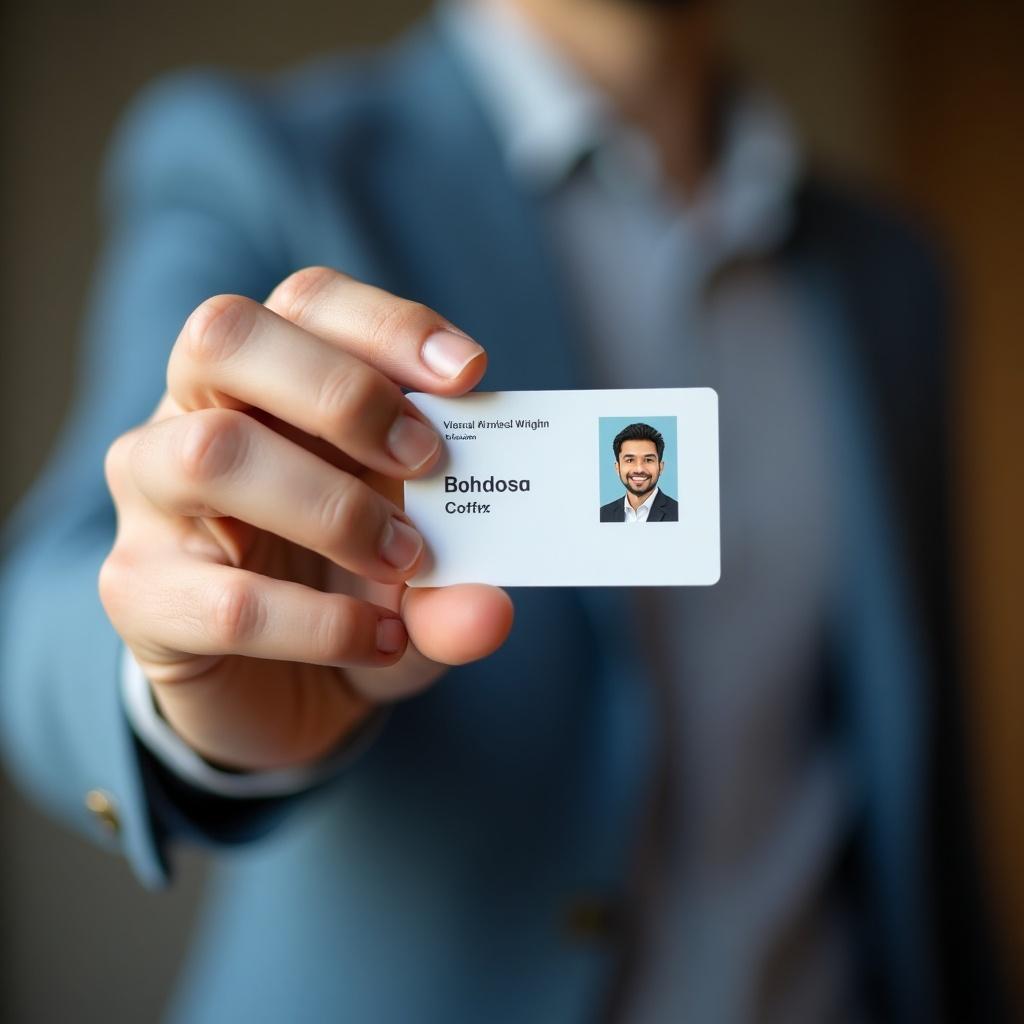 Close-up image of a hand holding an ID card. The card is clear and focused.