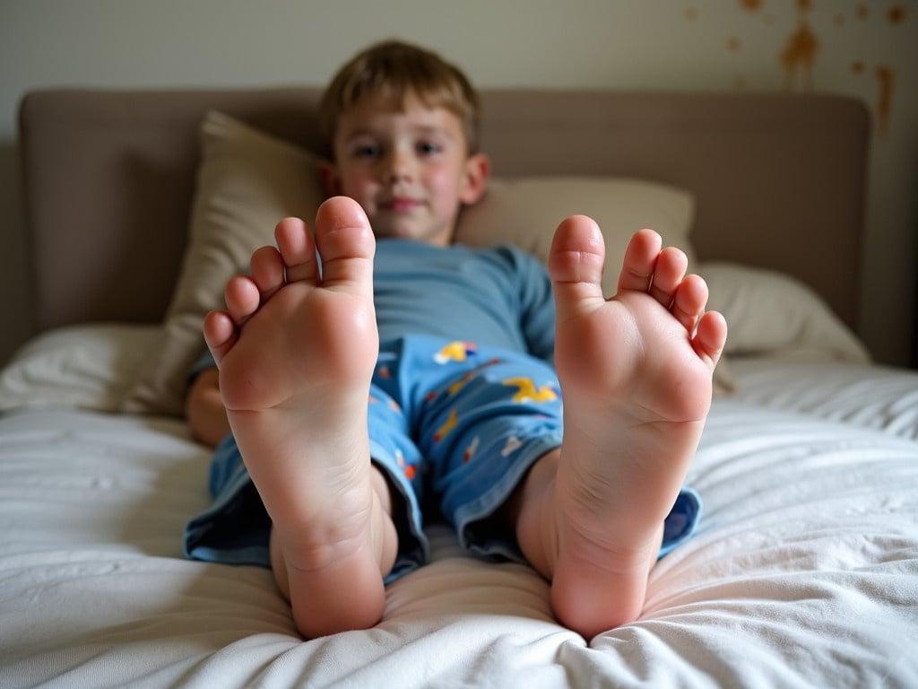 The image shows a young boy lounging lazily on a bed. His legs are outstretched, with his feet prominently displayed in the foreground. The boy is wearing blue shorts with a playful pattern. The mattress looks quite worn, suggesting it's been well-used. The background has a couch and the walls show some signs of aging. The lighting is natural, illuminating his feet and creating a relaxed atmosphere.