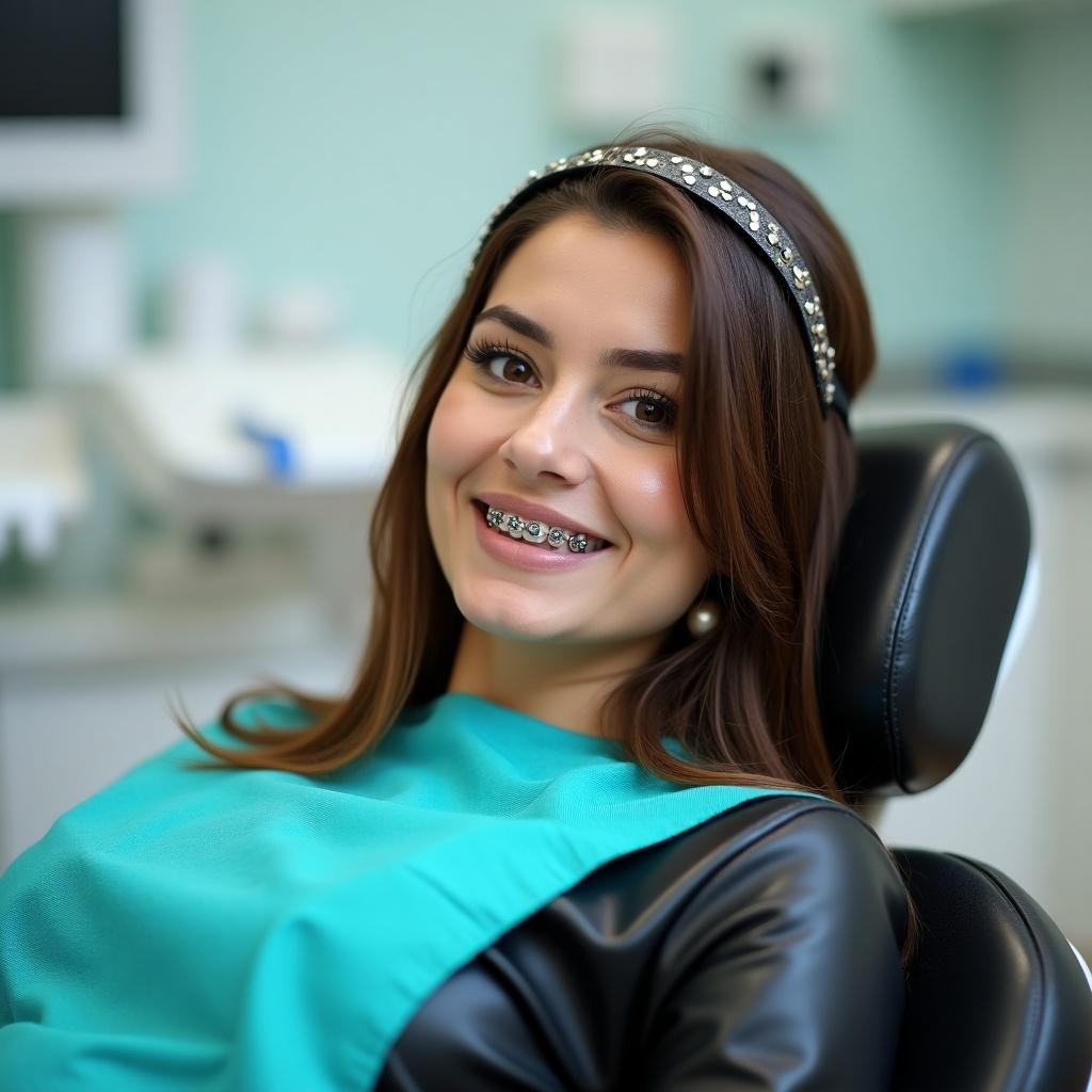 The image features a young woman with brown hair smiling in a dentist chair. She has braces and is wearing a headgear. Her attire includes a stylish black leather top and tight leather leggings, along with a standard turquoise dental bib. The dental clinic setting is bright and professional, enhancing her cheerful demeanor. This cheerful moment captures the experience of visiting an orthodontist in Turkey, showcasing both dental care and a hint of fashion.