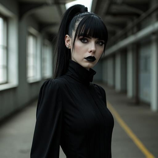 Photograph of a woman dressed in black clothing. She poses dramatically in an industrial environment. The setting has stark lines and contrasting textures. Image captures a gothic aesthetic with bright lighting. Focus on the strong visual presence of the subject.
