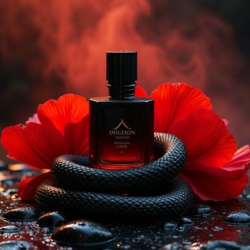 Dramatic scene featuring Hypnotic Dark Axes perfume bottle. Positioned against wet black stones. Scattered water droplets reflecting light. Surrounding vibrant red poppy flowers. Black snake coiling around bottle. Subtle red mist in background. Golden light reflections illuminating scene. Captured with professional camera lens.