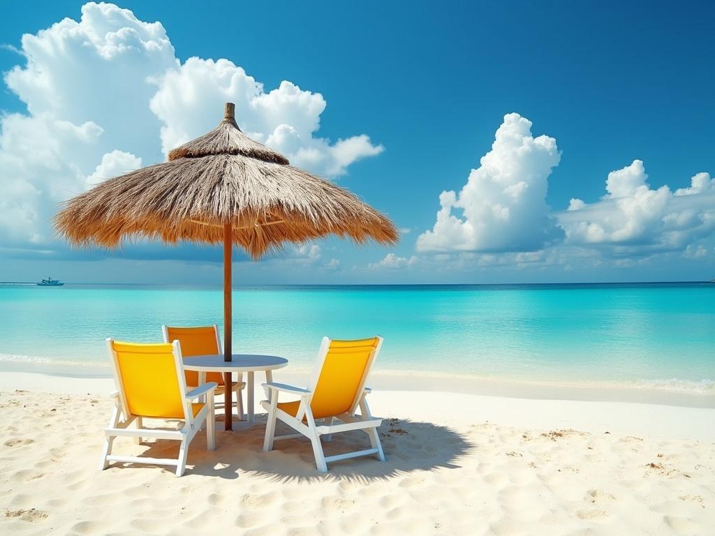 Capture a professional catalogue photo of a serene beach setting. The image should feature a straw hut providing shade, positioned over a small table surrounded by colorful lounge chairs in vibrant yellow and white. The sandy beach should stretch out in the foreground, leading to a clear, turquoise ocean. Above, the sky should be bright with fluffy white clouds, enhancing the peaceful atmosphere of the scene. This idyllic setting should evoke feelings of relaxation and tranquility, perfect for vacation vibes.